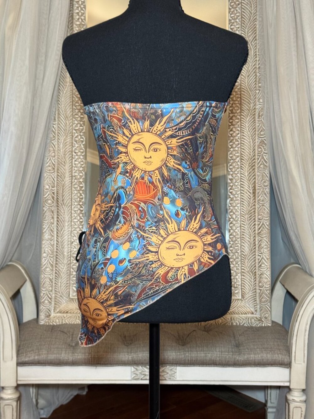 Celestial Sun Print Strapless Ruched Asymmetrical Y2K Top M - Picture 3 of 7